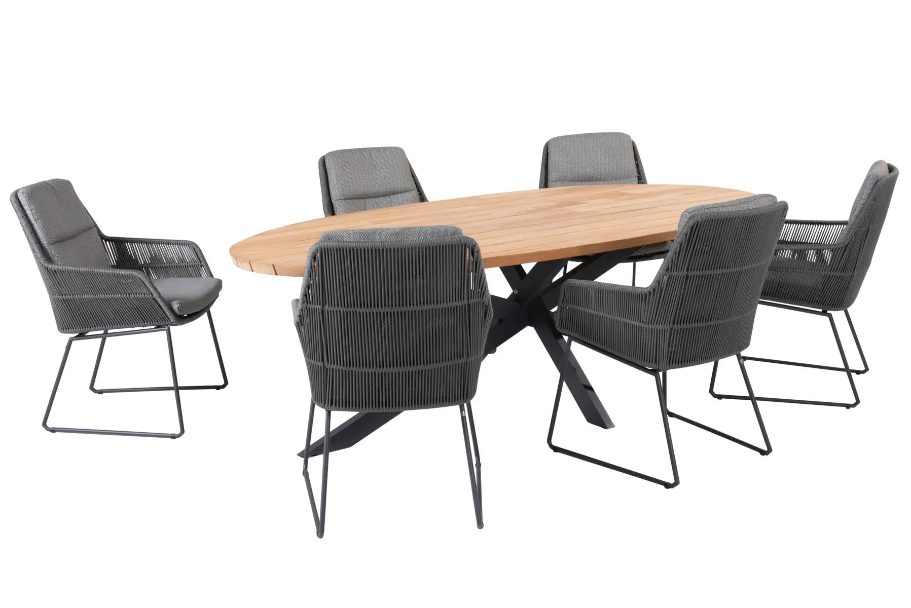 Ein modernes 4SO Esstisch-Set mit einem ovalen Holztisch und sechs grauen gepolsterten Stühlen mit Metallbeinen und geflochtenen Rückenlehnen, die um den Tisch herum angeordnet sind - perfekt für Ihr Geschäft oder Ihr Zuhause in Rostock.