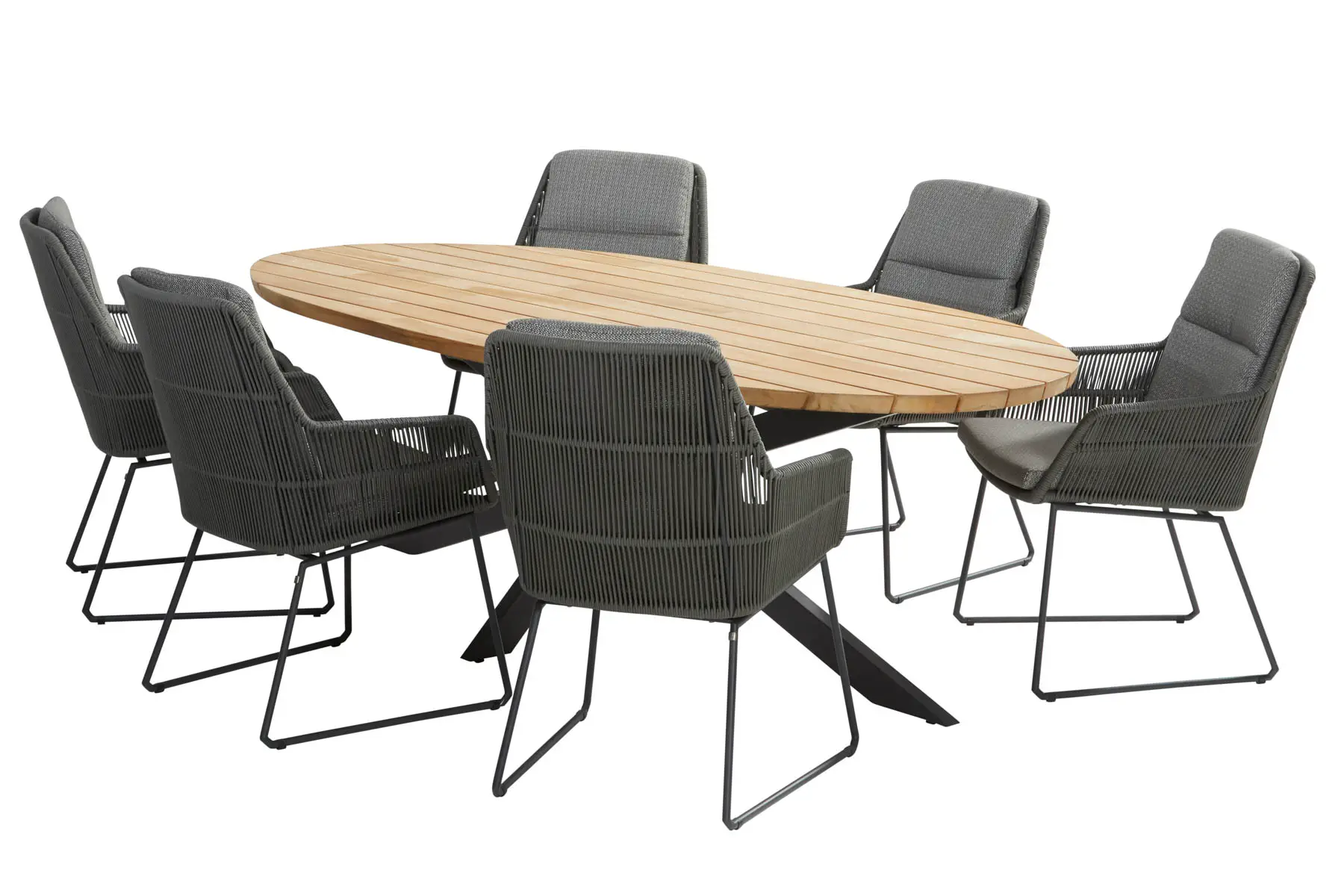 Das 4SO Rostock Esstischset besteht aus einem ovalen Holztisch und sechs grauen, gepolsterten Stühlen mit Metallgestell, die in einem Kreis angeordnet sind - perfekt für jedes moderne Geschäft oder jeden stilvollen Essbereich zu Hause.