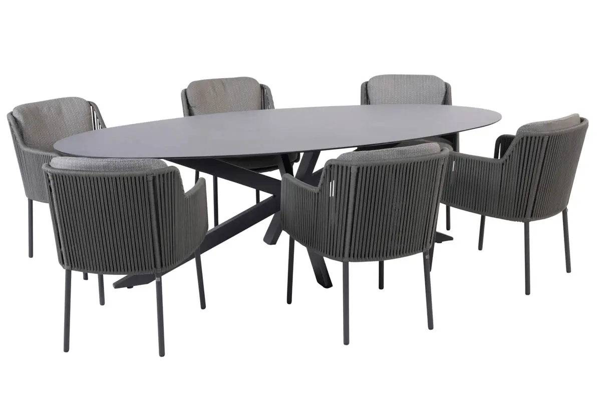 Ein modernes Esstisch-Set von 4SO mit einem ovalen, grauen Tisch mit schlichtem, abgewinkeltem Fuß, umgeben von sechs gepolsterten grauen Stühlen - ideal für jedes Geschäft oder stilvolle Zuhause in Mecklenburg-Vorpommern.