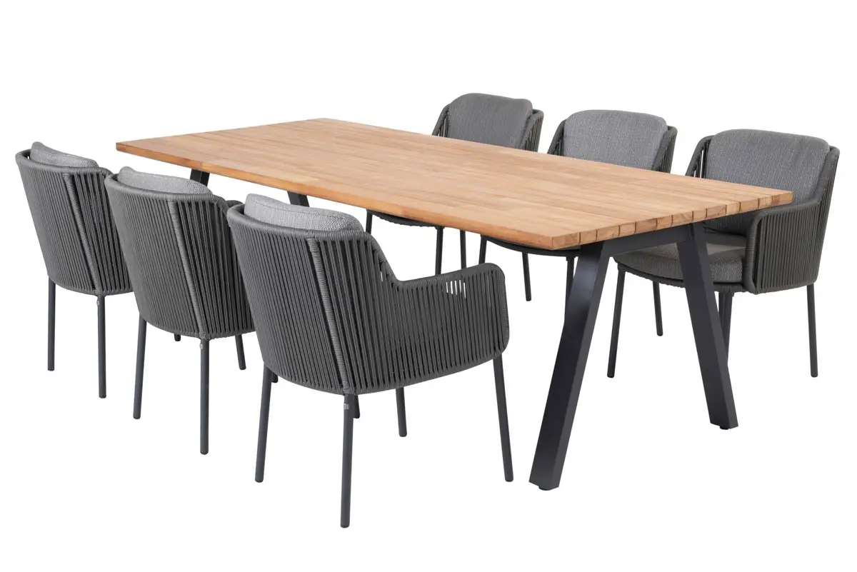 Ein modernes Esstischset von Rostock, perfekt für Ihr Gartenmöbel Geschäft, mit einem rechteckigen Holztisch und sechs grauen gepolsterten Stühlen mit geflochtenen Seiten und schwarzen Metallbeinen.
