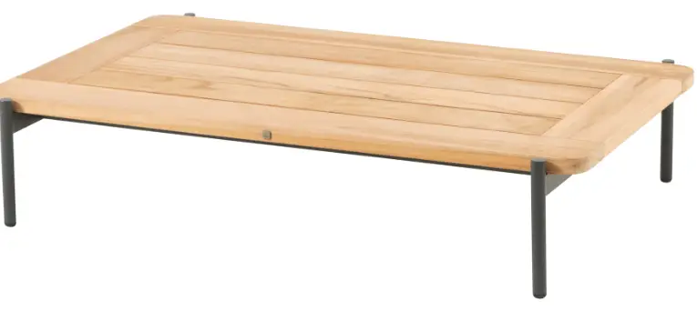 Der Yoga Couchtisch 90 cm Ø (H40) hat eine helle Holzoberfläche und vier schlanke schwarze Metallbeine in einem minimalistischen, modernen Design - ideal für stilvolle Gartenmöbel im Freien.