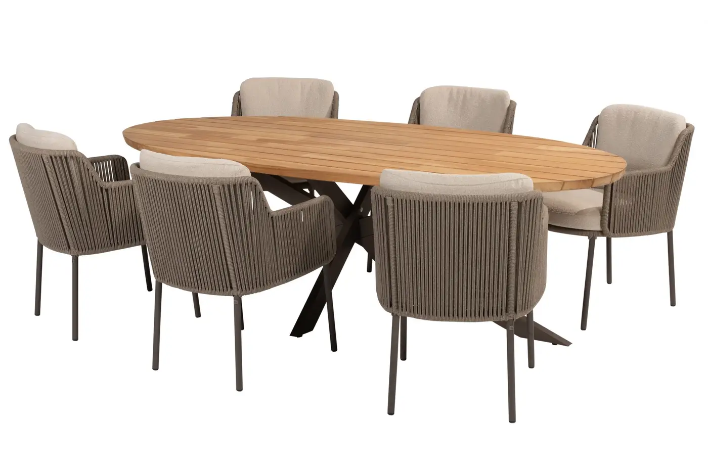 Ovaler Esstisch aus Holz mit schwarzen Metallbeinen, umgeben von sieben Bernini Dining Stuhl Sesseln in Beige und Grau.