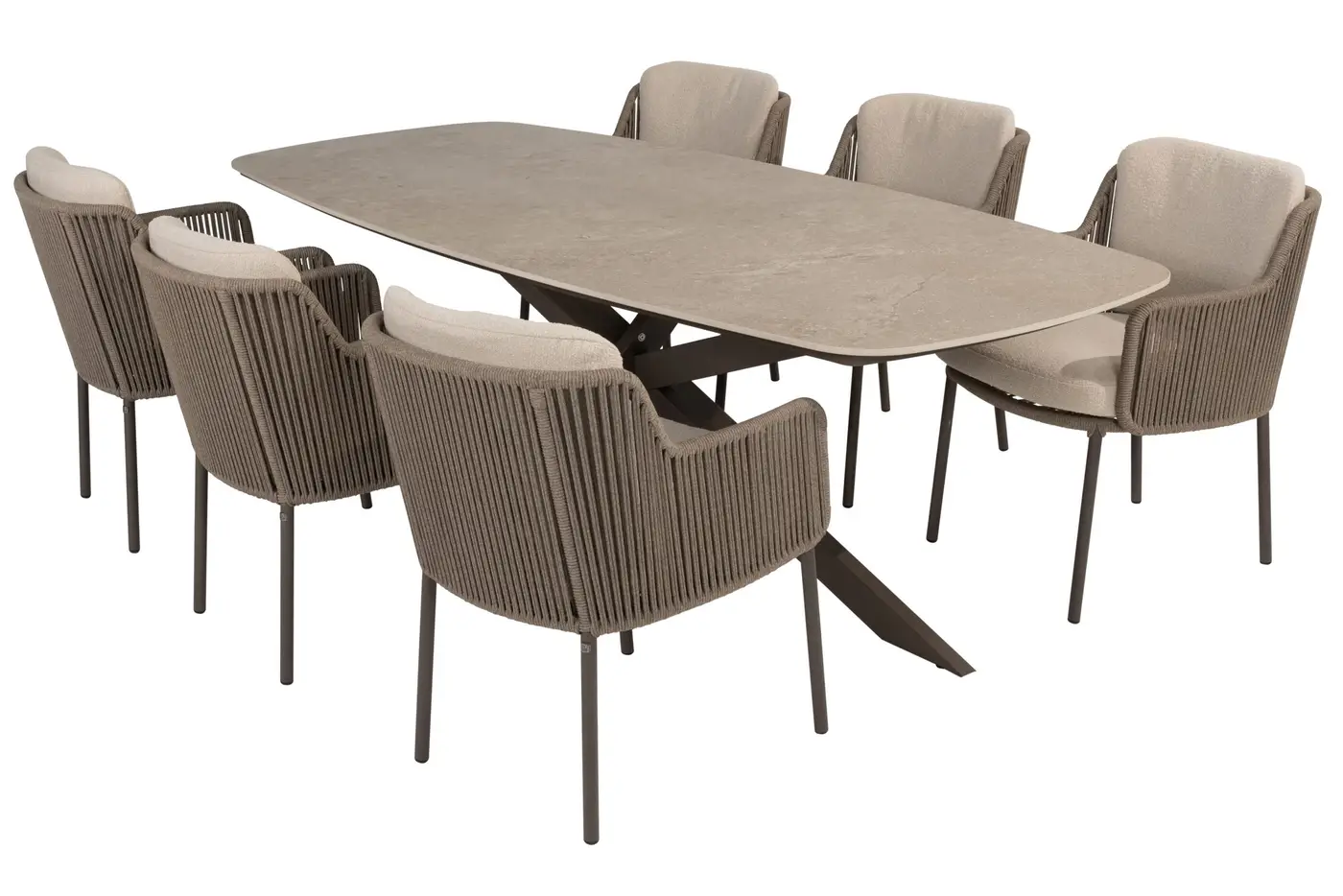 Der Bernini Dining Stuhl ist ein moderner rechteckiger Tisch mit Steinplatte und acht gepolsterten Stühlen in neutralen Farbtönen.