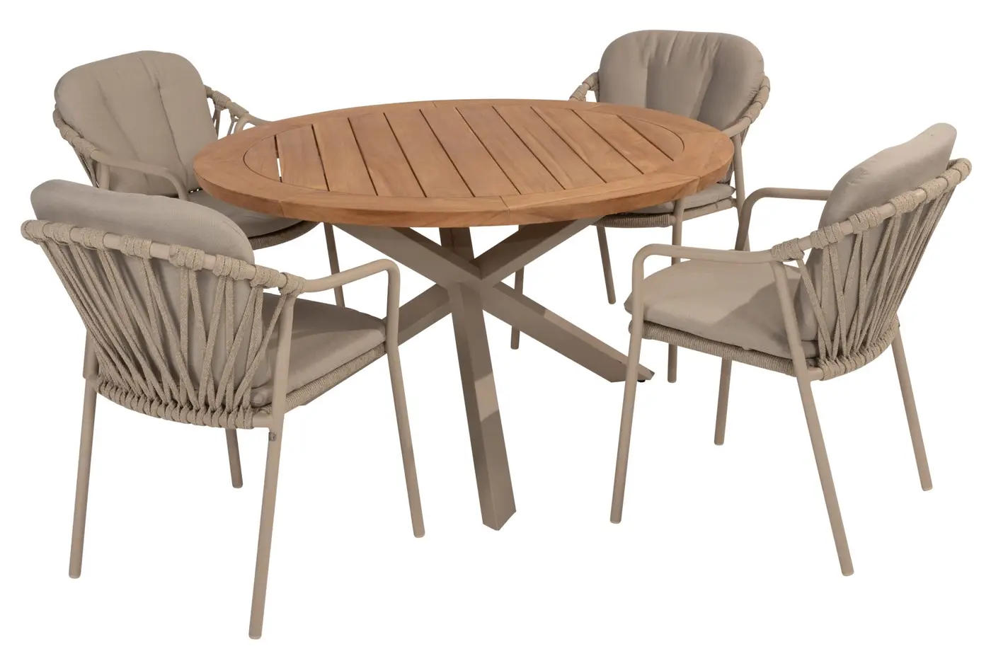 Manitoba Stapelstuhl-Set: runder Holztisch mit vier beigefarbenen gepolsterten Stühlen mit Seilrücken auf weißem Hintergrund.