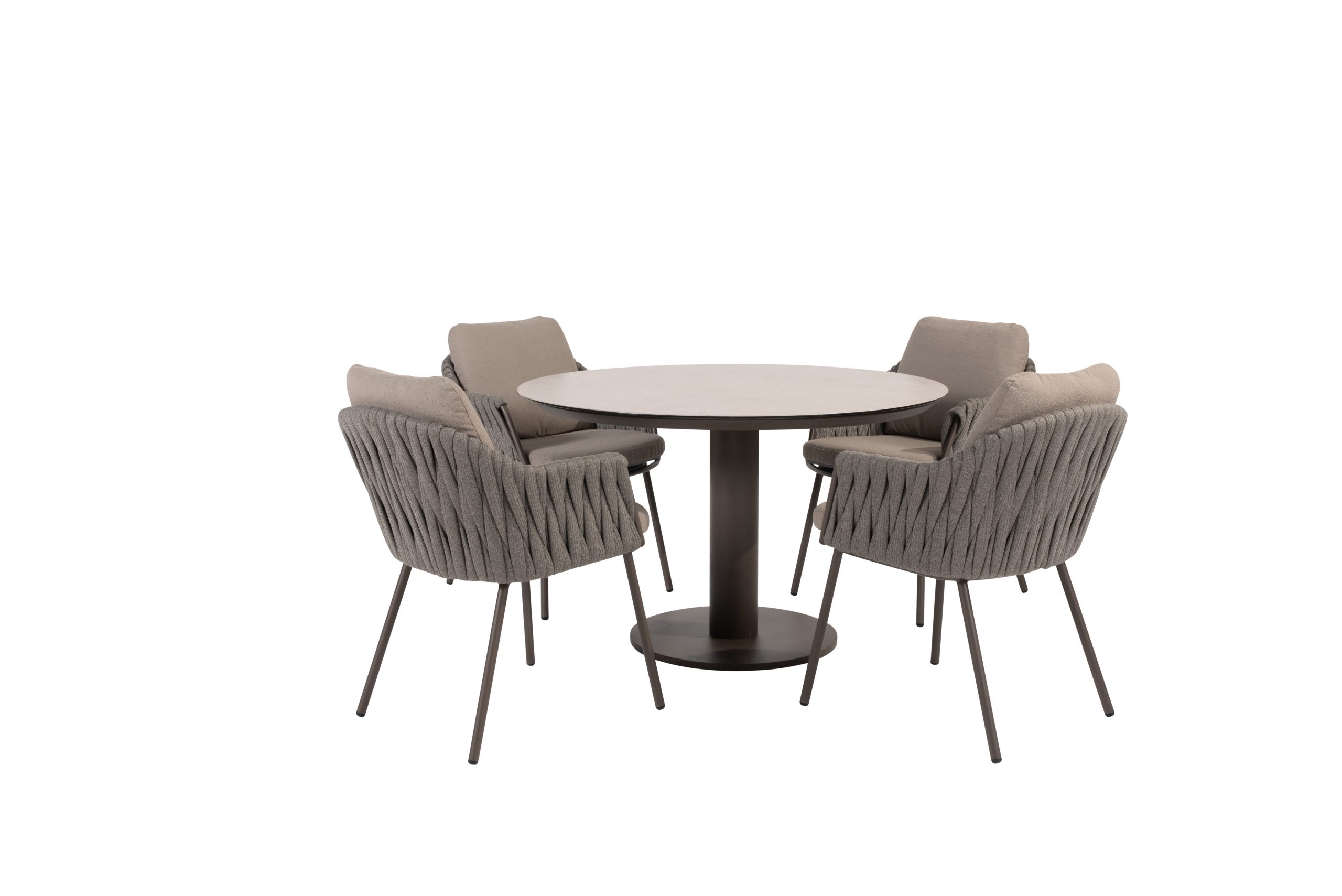Cannes Dining Stuhl: Runder Tisch mit vier grauen, gepolsterten Sesseln auf weißem Hintergrund.
