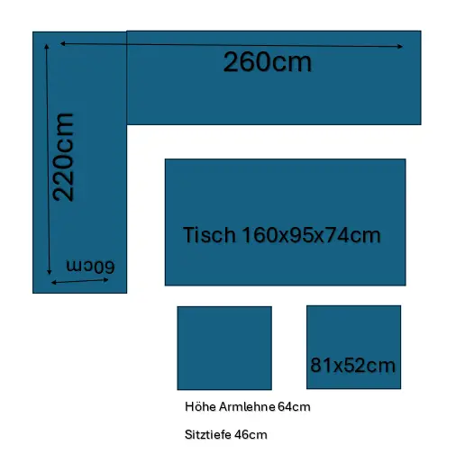 Schema der Cocoon Cozy Dining Sitzgruppe mit beschrifteten Maßen in cm: Sofa, Tisch und zwei Hocker.