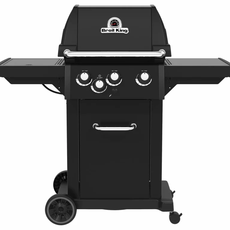 Royal™ 340 Shadow Gasgrill in Schwarz mit vier Knöpfen, Seitenablagen, Rädern und einem Stauschrank darunter.