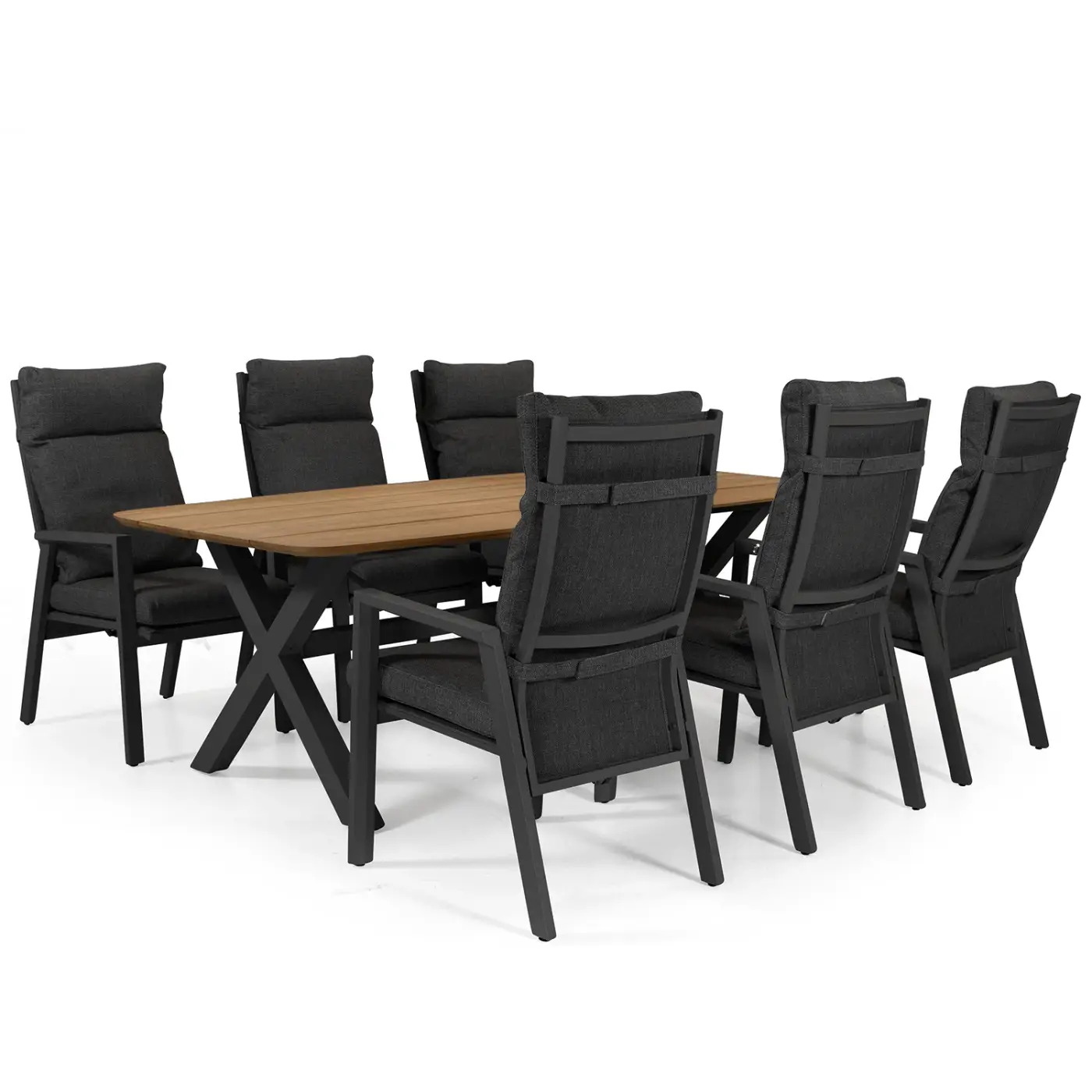 Palau Diningstuhl Khaki Set: Holztisch mit sechs khakifarbenen, gepolsterten Stühlen für Mahlzeiten im Freien.