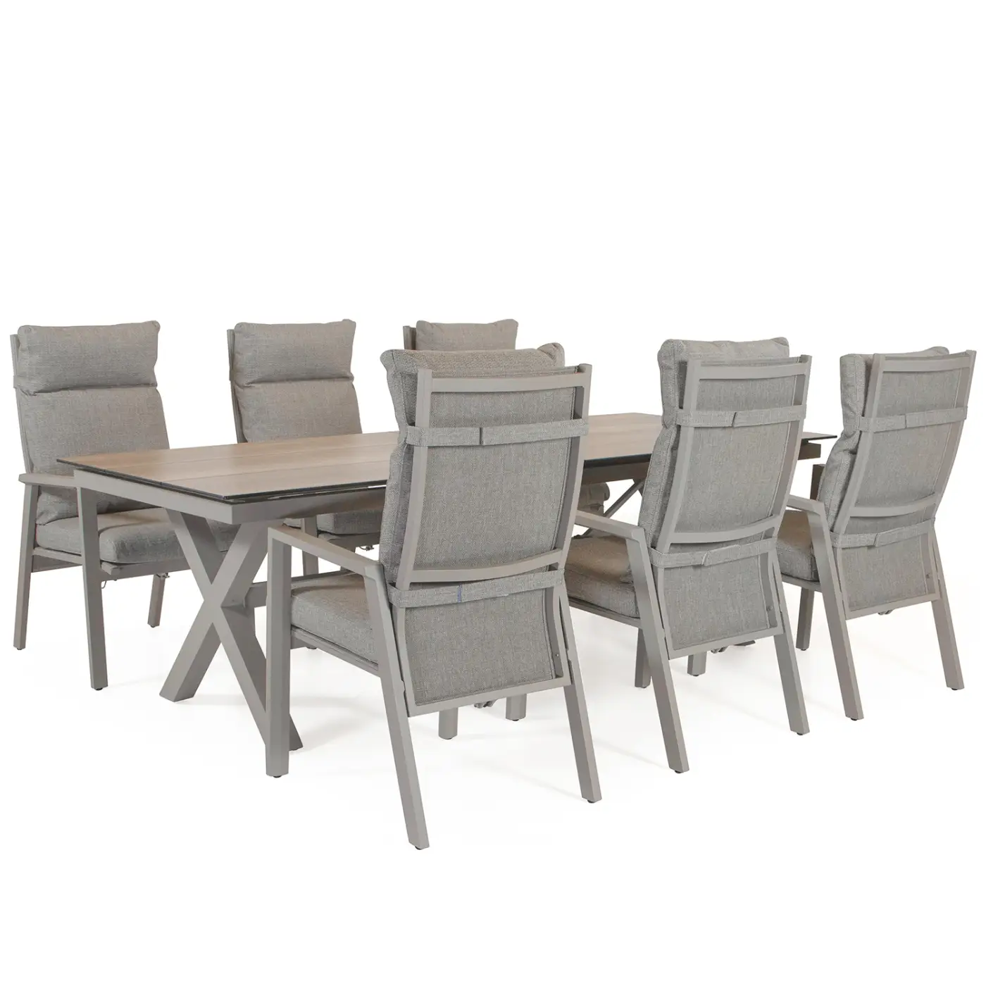 Der Palau Diningstuhl Khaki besteht aus acht gepolsterten Stühlen mit hoher Rückenlehne, grauer Polsterung und Metallrahmen.