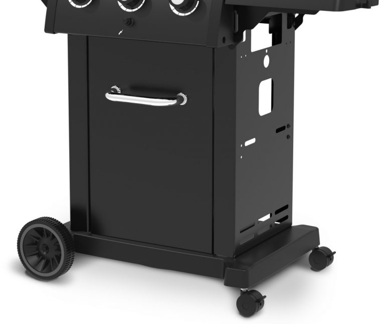 Der Broil King ROYAL™ 320 SHADOW verfügt über einen schwarzen Sockel mit Griff, zwei große Räder und zwei kleine Lenkrollen.