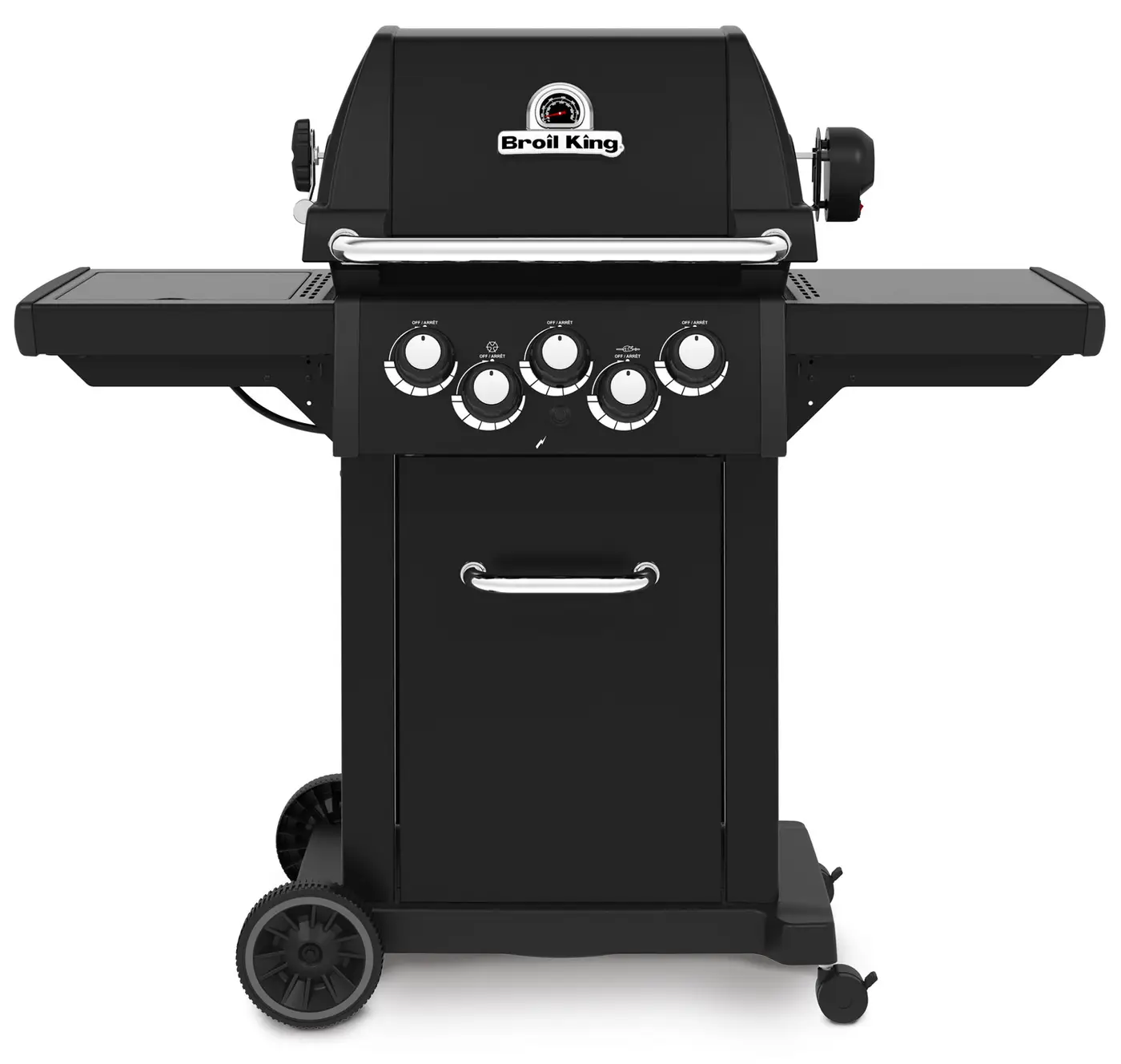 Der Royal™ 390 Shadow ist ein schwarzer Broil King Gasgrill mit vier Drehknöpfen, Seitenablagen und Rädern unten links.
