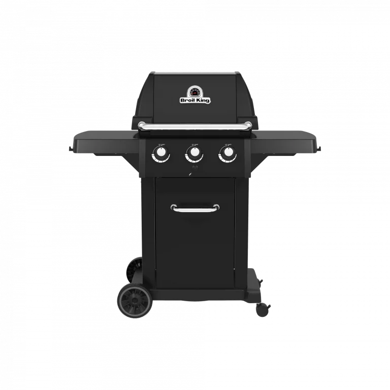 Broil King ROYAL™ 320 SHADOW: schwarzer Gasgrill mit 3 Bedienelementen, 2 Seitenablagen und Rädern für Mobilität.