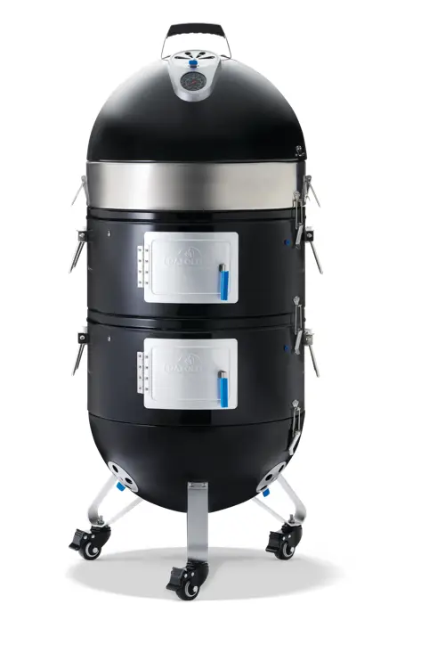 Napoleon Apollo™ Water Smoker Ø57cm: großer schwarz-silberner vertikaler Smoker auf Rädern mit zwei Türen und Temperaturanzeige oben.