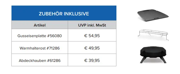 In der Tabelle sind die Zubehörteile des Napoleon TravelQ™ PRO 285 mit Preisen aufgeführt; Abbildungen der Gusseisenplatte, des Warmhalterosts und der Abdeckung.