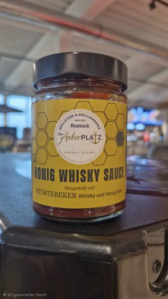 Ein Glas Honig Whisky Sauce mit einem gelben Etikett steht auf einer Theke im Haus. Gartenmöbel und Grills kaufen in Rostock, Mecklenburg-Vorpommern.