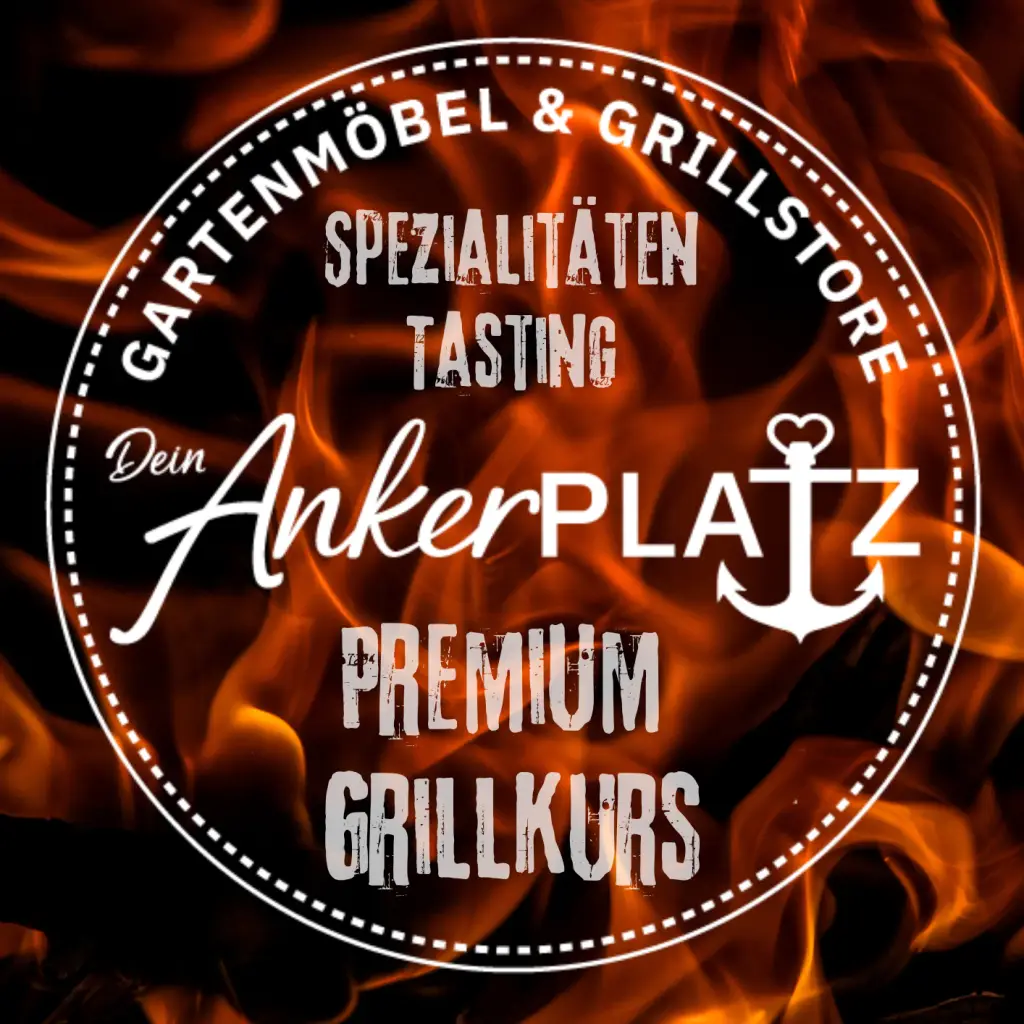 Flammendes, kreisförmiges Logo zur Werbung für den „Grillkurs Premium Spezial“: „Dein Ankerplatz“-Verkostung im Gartenmöbel & Grillstore. Gartenmöbel und Grills kaufen in Rostock, Mecklenburg-Vorpommern.