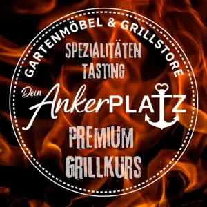 Flammendes, kreisförmiges Logo zur Werbung für den „Grillkurs Premium Spezial“: „Dein Ankerplatz“-Verkostung im Gartenmöbel & Grillstore. Gartenmöbel und Grills kaufen in Rostock, Mecklenburg-Vorpommern.