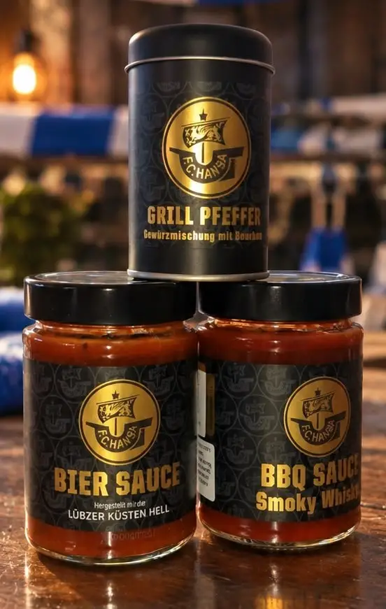 Eine Gewürzdose mit Sanddorn-Grillpfeffer, die auf zwei Gläsern mit den Aufschriften Biersauce und BBQ-Sauce gestapelt ist. Gartenmöbel und Grills kaufen in Rostock, Mecklenburg-Vorpommern.