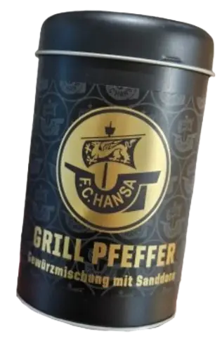 Schwarze, zylindrische Dose mit F.C. Hansa-Grillpfeffer-Gewürzmischung, ein Favorit im Ankerplatz in Rostock. Gartenmöbel und Grills kaufen in Rostock, Mecklenburg-Vorpommern.